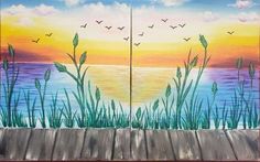 the painting on the wall is very colorful and has birds flying over the water at sunset