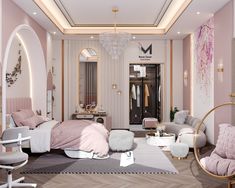 a bedroom decorated in pastel pink and white with gold accents, chandelier, bed, chairs, rugs