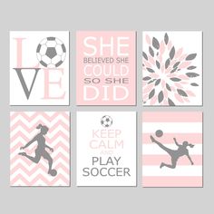 "This is an original set featuring six modern, coordinating soccer themed designs... perfect for a girls bedroom! LOVE (soccer ball), She Believed She Could So She Did, Abstract Floral Burst, Chevron Soccer Player, Keep Calm and Play Soccer, Striped Soccer Player. Customize in the size and colors of your choice. Available as PRINTS or CANVAS! SIZING OPTIONS: Available sizes and pricing are listed on the PRODUCT OPTIONS drop down menu. Sizes are for each piece in the set. PRINT OPTION: Each piece Girls Soccer Bedroom, Soccer Decorations, Soccer Room Decor, Room Decor For Girls, Soccer Bedroom, Soccer Decor, Soccer Theme