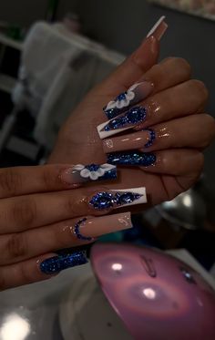 Royal Blue And Silver Nails, Blue And Silver Nail Designs, Royal Blue Prom Nails, Blue Prom Nails, Quince Nails, Blue And Silver Nails, Silver Nail Designs, Royal Blue Nails