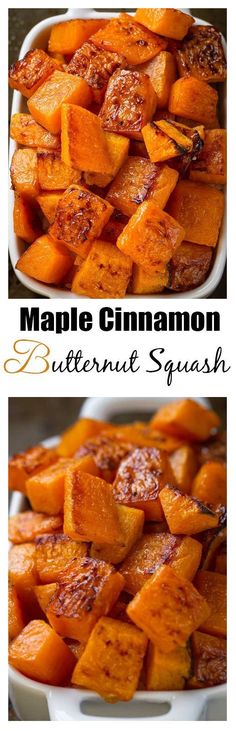 maple cinnamon butternut squash in a white bowl with the words, maple cinnamon butternut squash