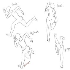 three different poses of a person running and jumping in the air with their legs spread out