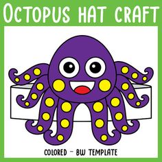 an octopus that is purple and yellow with dots on it's face, sitting in front of a green background