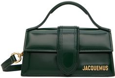 Polished leather shoulder bag in green. · Padded carry handle · Adjustable and detachable crossbody strap · Logo hardware at face · Patch pocket at back face · Magnetic flap · Cotton twill lining · Logo-engraved gold-tone hardware · H3.75 x W6.5 x D2.5 Supplier color: Dark green Green Jacquemus Bag Outfit, Luxury Bag With Logo Hardware And Flap, Luxury Bags With Logo Hardware And Flap, Luxury Flap Shoulder Bag With Logo, Classic Rectangular Flap Bag With Logo Hardware, Leather Flap Shoulder Bag With Logo, Logo Flap Shoulder Bag For Travel, Travel Shoulder Bag With Logo And Flap, Travel Shoulder Bag With Flap And Logo