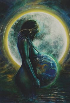 a painting of a pregnant woman standing in the water with her belly wrapped around the moon