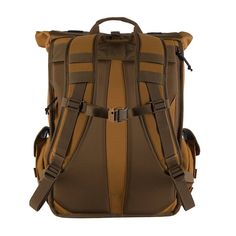 a brown and tan backpack with straps on the front, two pockets at the bottom