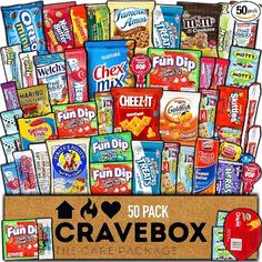 a box filled with lots of different types of snacks