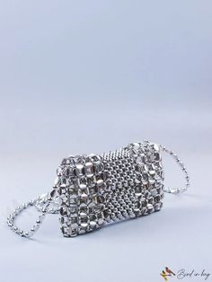 BirdinBag - Hollow Out Beaded Mini Flap Bag - Novelty Design, Sophisticated and Compact Silver Square Shoulder Bag For Evening, Chic Silver Rectangular Shoulder Bag, Beaded Evening Crossbody Bag, Evening Beaded Crossbody Bag, Silver Rectangular Clutch With Detachable Strap, Rectangular Silver Evening Bag, Beaded Crossbody Shoulder Bag For Evening, Beaded Rectangular Shoulder Bag For Formal Occasions, Formal Beaded Rectangular Shoulder Bag