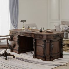 a large wooden desk sitting on top of a rug