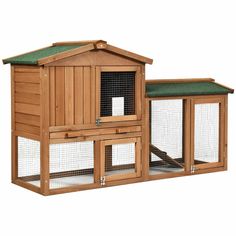 a large wooden chicken coop with two doors and one door open on the side, in front of a white background