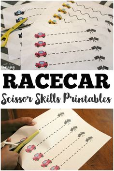 a close up of a paper with cars on it and the words racecar scissors skills print