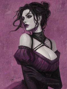 a painting of a woman in a purple dress with her arm around her neck and wearing a choker