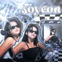 two women in black dresses and sunglasses are posing for a photo with the word soyon on it