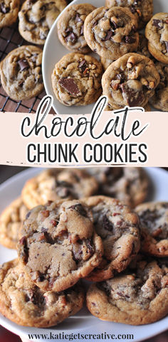 chocolate chip cookies on a plate with the words chocolate chip chunk cookies in front of them