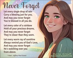 a woman with long brown hair and green eyes smiles at the camera, next to a poem about never forget