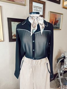 We are currently obsessed with this new sheer Tasha Polizzi top! It’s giving us vintage western vibes & we are here for it! Features a button down front with silver contrast piping & turquoise concho buttons. 95% Polyester 5% Spandex Jacie is 5'4", a size 26 & 34B wearing a small Vintage Western Button Up Shirt Outfits, Vogue Home, Thrifted Fashion, Tasha Polizzi, Western Vibes, Rodeo Drive, Wild Rag, Thrift Fashion, Contrast Piping