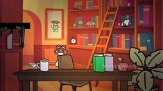 an animated image of a table with books and cups on it in front of a bookcase