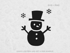 a snowman with a top hat and two hands up in the air, saying leave a review and get a free bundle