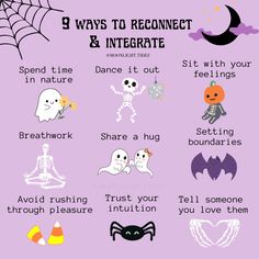 9 Halloween themed characters/icons with 9 short reconnection and integration tips written above it. On a lavender purple background. Halloween Wellness Ideas, September Mental Health, Spooky Affirmations, October Mental Health, Halloween Self Care, Halloween Mental Health, Care Tasks, Reconnect With Yourself, Mental Health Activities