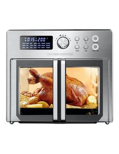 an oven with two turkeys in it and the door open to show what's inside