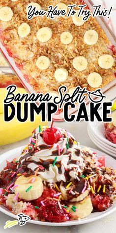 there is a banana split dump cake on the plate