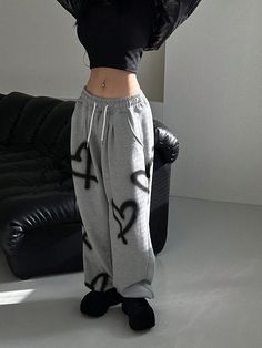 Women Random Love Print Drawstring Waist Sweatpants Y2k Pants Wide Leg Sweatpants Grey    Polyester Geometric,Plain Jogger Slight Stretch  Women Activewear, size features are:Bust: ,Length: ,Sleeve Length: Random Love, Sweatpants Grey, Estilo Y2k, Y2k Pants, Sports Pants Women, Wide Leg Sweatpants, Love Print, Women's Shapewear, Girls Denim