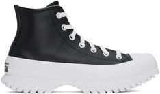 High-top grained leather sneakers in black. Logo patch at inner side. · Round rubber cap toe · Lace-up closure · Eyelets at inner side · Rubberized logo at heel counter · Padded Ortholite™ footbed · Mesh lining · Foam rubber platform midsole · Treaded rubber outsole · Platform: H1.75 in Supplier color: Black/Egret/White Chuck Taylor Lugged, Egret White, Leather Chuck Taylors, Chuck Taylor All Star Lugged, Black Chuck Taylors, All Star Lugged, Black Chucks, Converse Black, Converse Chuck Taylor All Star