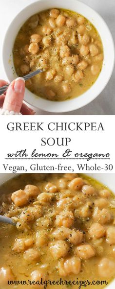 two bowls of greek chickpea soup with lemon and parsley vegan gluten - free, whole 30