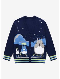 a blue cardigan sweater with an image of two cats and umbrellas on it