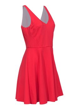 Go classically colorful with this bright frock from ABS by Allen Schwartz! The classic fit and flare dress is upgraded with a vibrant coral hue. Perfect for standing out at cocktail parties, outdoor weddings and everything in between. Add some glitz with sparkly pumps and statement earrings and you're bound to wow! Size L Shell: 63% Rayon, 32% Nylon Lining: 95% Polyester, 5% Spandex Concealed back zipper Lined bodice Fit and flare silhouette V-neckline Sleeveless Bust 36" Waist 31" Shoulder to h Summer Sleeveless A-line Dress With Fitted Bodice, Spring Bridesmaid Fit And Flare Mini Dress, Spring Fit And Flare Mini Dress For Bridesmaid, Red Sleeveless Dress For Spring Wedding, Party Fit And Flare Sleeveless Dress With Flattering Silhouette, Red Sleeveless Spring Wedding Dress, Sleeveless Dress With Fitted Bodice For Spring Bridesmaid, Spring Sleeveless Dress With Fitted Bodice For Bridesmaid, Spring Sleeveless Bridesmaid Dress