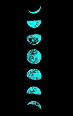 five phases of the moon are shown in black and blue colors on a dark background