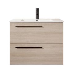 a bathroom vanity with two drawers and a black faucet on the sink top