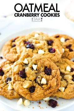 A white plate of six cookies with some white chocolate chips and cranberries scattered around the cookies. Cranberry Cookie, Cookies With White Chocolate Chips, Cookies With White Chocolate, Oatmeal Cranberry Cookies, Favorite Cookie Recipe, Cranberry Cookies