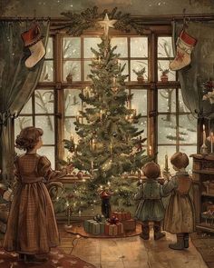 two children standing in front of a christmas tree with presents on the floor and stockings hanging from the windows