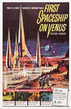 an advertisement for the first spaceship on venus, with space shuttles in the background