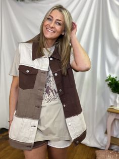 Sleeveless Brown Patch Denim Button Down Vest. *Matching Shorts Patch Denim, Brown Denim, Denim Patches, Matching Shorts, Denim Button Down, Down Vest, Boutique, Fashion Tips, Color