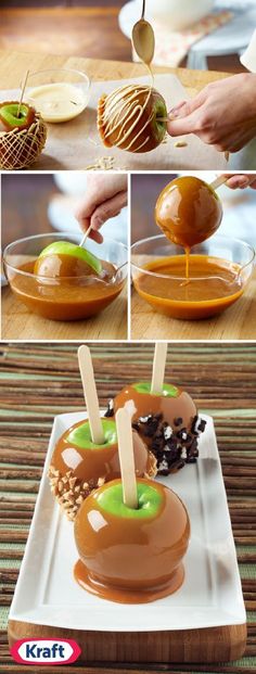 caramel apples being dipped with chocolate and sprinkles