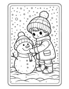 a black and white coloring page with a boy building a snowman in the snow