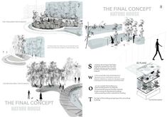 the final concept for nature house is shown in three different sections, including trees and people