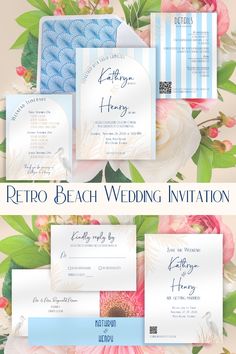 This editable wedding invitation suite captures the romance and ease of coastal luxury in every detail, with colors of soft blue and warm beige, and perfectly sets the tone for your day. Each piece has been thoughtfully designed to provide a cohesive, enchanting, and breezy look from the stunning retro styled blue Envelope Liner offering a delightful surprise upon opening, to the Belly Band wrapping everything together in an elegant bundle. 
This beautiful wedding stationery is editable in Canva and can be easily customized with your event details and sent out to your guests. Artwork can be added/resized/deleted; text color, font, & text size can be changed; background color can be changed.