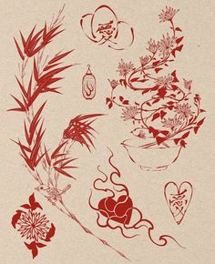 an image of flowers and plants drawn in red ink on brown paper with white background