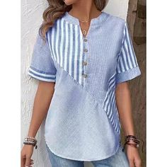 Season:Summer; Fabric:Polyester; Sleeve Length:Short Sleeve; Look After Me:Machine wash,Washable,Wet and Dry Cleaning; Gender:Women's; Style:Casual; Elasticity:Micro-elastic; Tops Type:Blouse,Shirt; Occasion:Daily; Top Length:Regular; Fit Type:Regular Fit; Pattern:Striped; Design:Button,Print; Neckline:V Neck; Front page:FF; Listing Date:04/18/2024; Production mode:External procurement; Bust:; Length:; Sleeve:; Fit US Size:; Fit UK Size:; Fit EU Size:; Print Type:3D Print Striped Cotton V-neck Blouse, Striped V-neck Blouse For Vacation, Casual White Blouse With Vertical Stripes, Blue Vertical Stripes Summer Blouse, Summer Blue Striped Blouse, Summer Blue Blouse With Vertical Stripes, Summer Blue Stripe Blouse, Trendy Summer Split Neck Tops, Trendy Split Neck Summer Tops