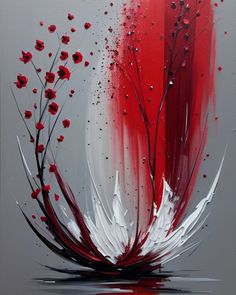 an abstract painting with red and white flowers in the center, on a gray background