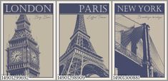 three different types of stamps with the eiffel tower in paris and new york