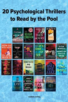 the book cover for 20 psychological thrillers to read by the pool is shown in blue water