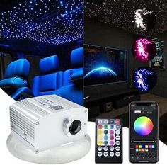 the inside of a car with blue lights and remotes on it, and an image of