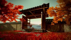 an animated image of a japanese garden with red flowers on the ground and a pavilion in the background