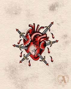 a drawing of a heart with two swords sticking out of it's center and surrounded by blood