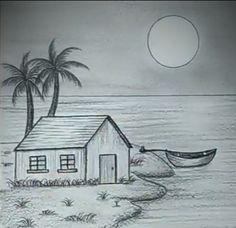 a drawing of a house on the beach with a boat and palm trees in the background