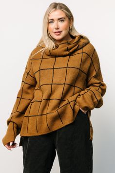 Cozy Brown Turtleneck Top, Brown Turtleneck For Fall Workwear, Brown Turtleneck For Workwear In Fall, Winter Brown Stretch Turtleneck, Brown Funnel Neck Turtleneck For Fall, Fall Long Sleeve Tops With Grid Pattern, Cozy Brown High Neck Turtleneck, Brown High Neck Sweater For Fall, High Neck Brown Sweater For Fall